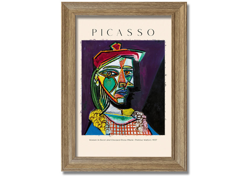 A vibrant reproduction of Picasso's 'Woman In Beret And Checked Dress 1937' printed on canvas, framed and ready to hang.